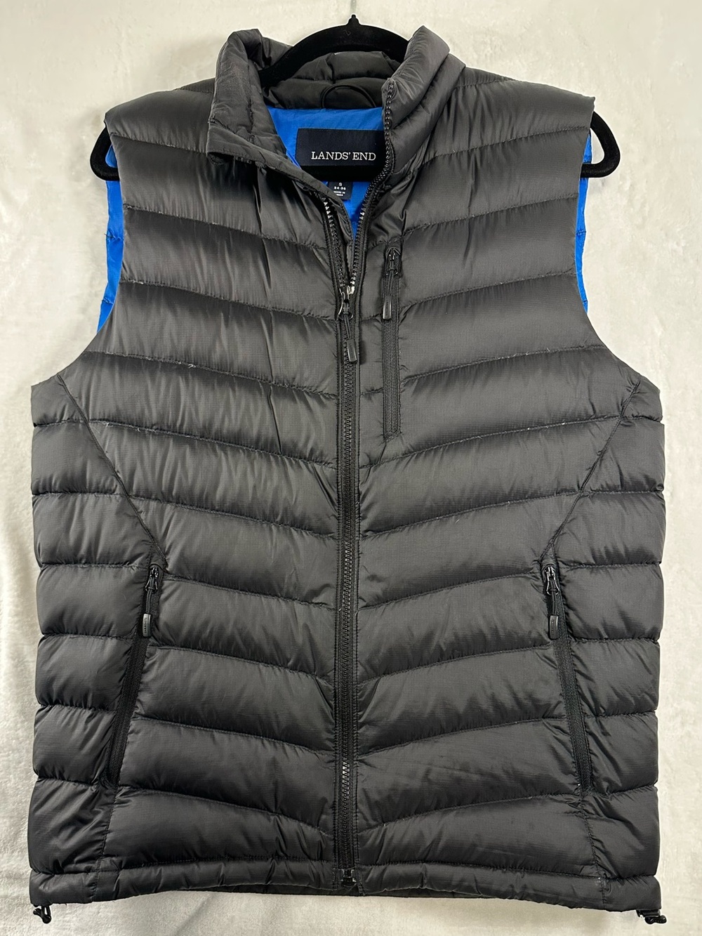 Lands' End Black Quilted Down Vest with Bright Blue Lining